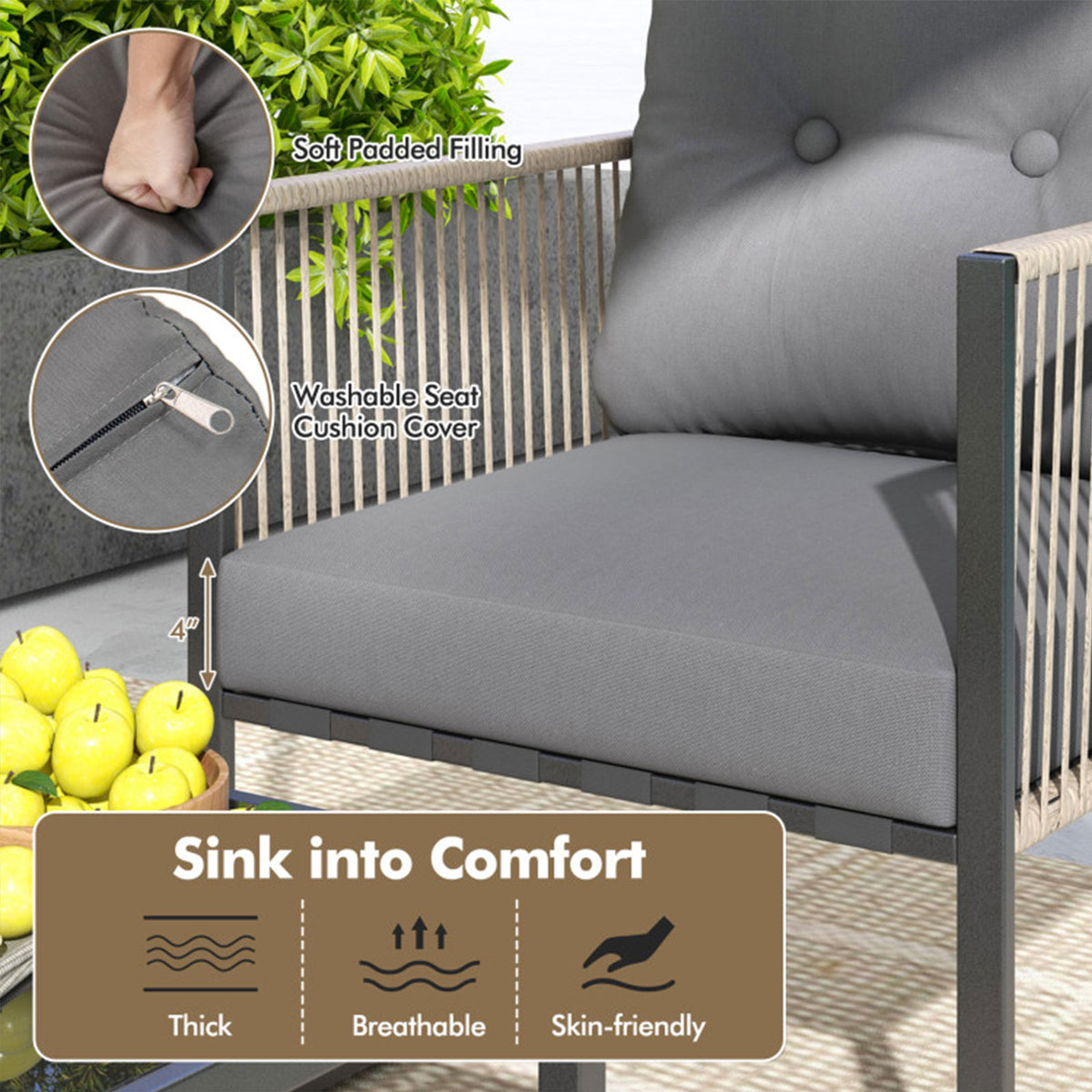 4-Piece PE Wicker Patio Conversation Set with Coffee Table