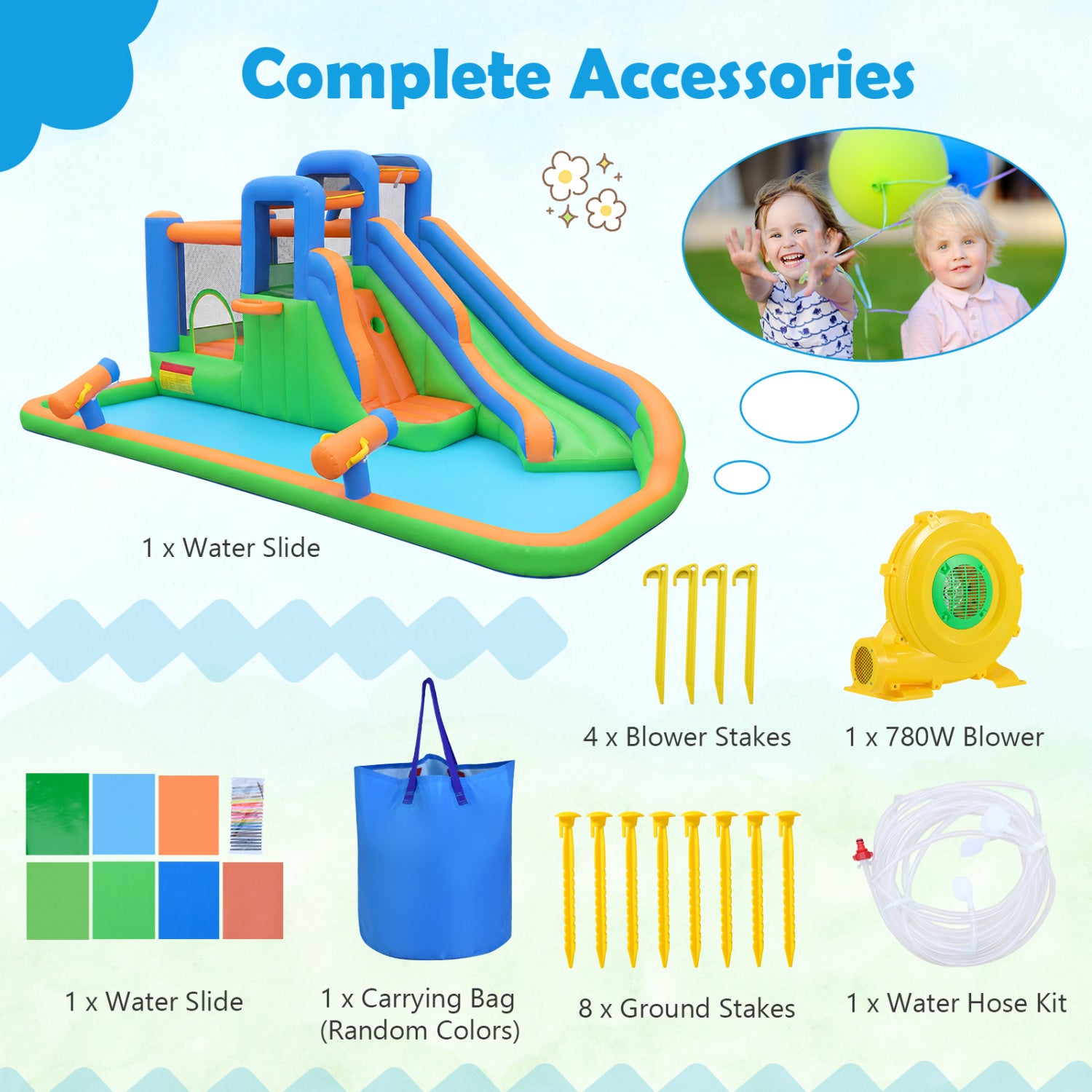 Inflatable Water Slide Park with with 780W Blower and Splash Pool for Yard Party