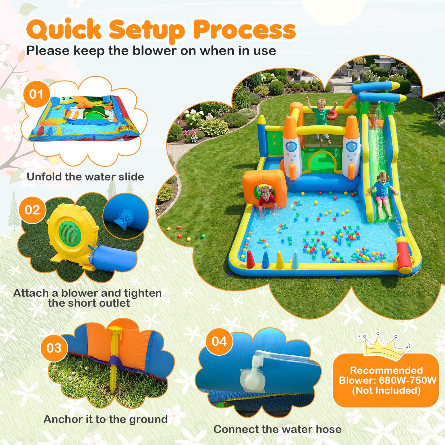 10-in-1 Inflatable Bounce House with Water Slide for Kids without Blower