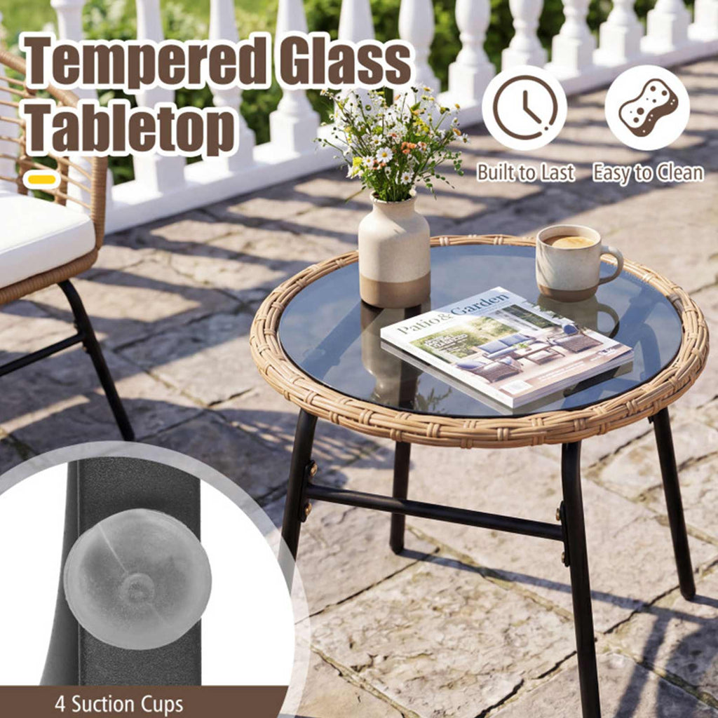 3-Piece PE Wicker Patio Bistro Set with Cushions & Glass Table