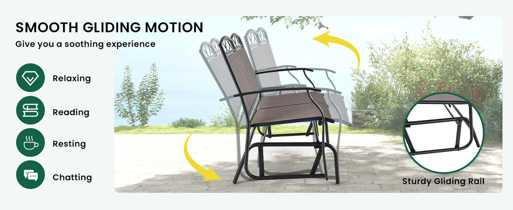 Outdoor Metal Gliding Loveseat Chair with Tempered Glass Coffee Table
