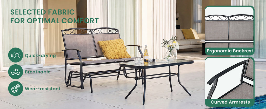 Outdoor Metal Gliding Loveseat Chair with Tempered Glass Coffee Table