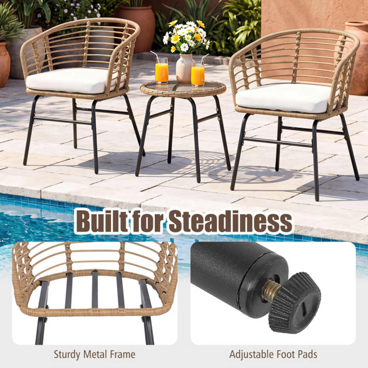 3-Piece PE Wicker Patio Bistro Set with Cushions & Glass Table