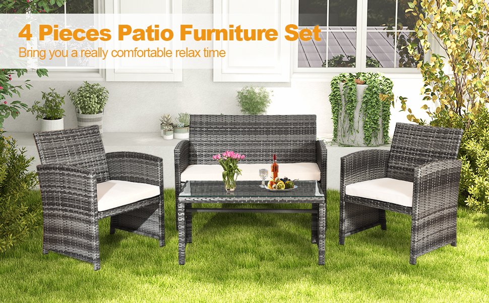 4 Pieces Patio Rattan Furniture Set with Glass Table and Loveseat