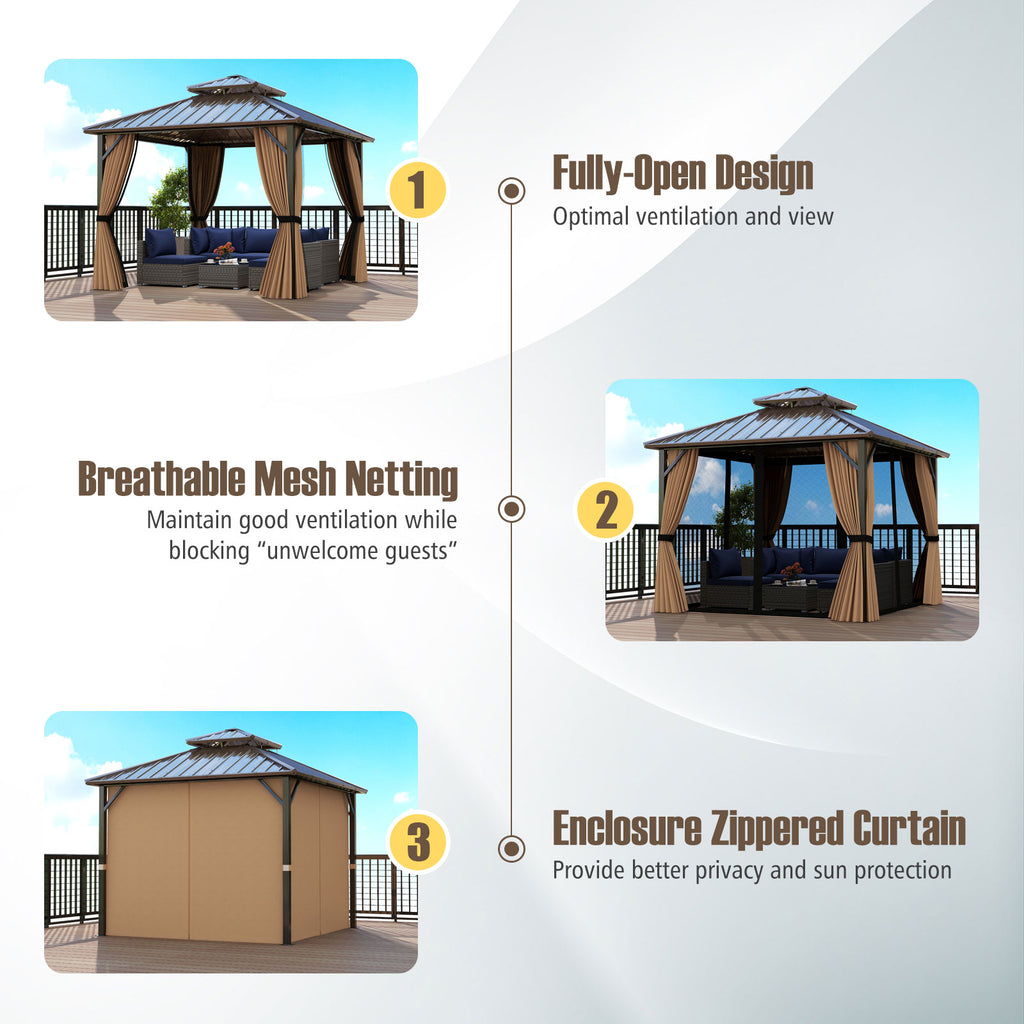10 x 10/12 Feet Hardtop Gazebo with Netting and Curtain and Double-Roof Galvanized Metal Top