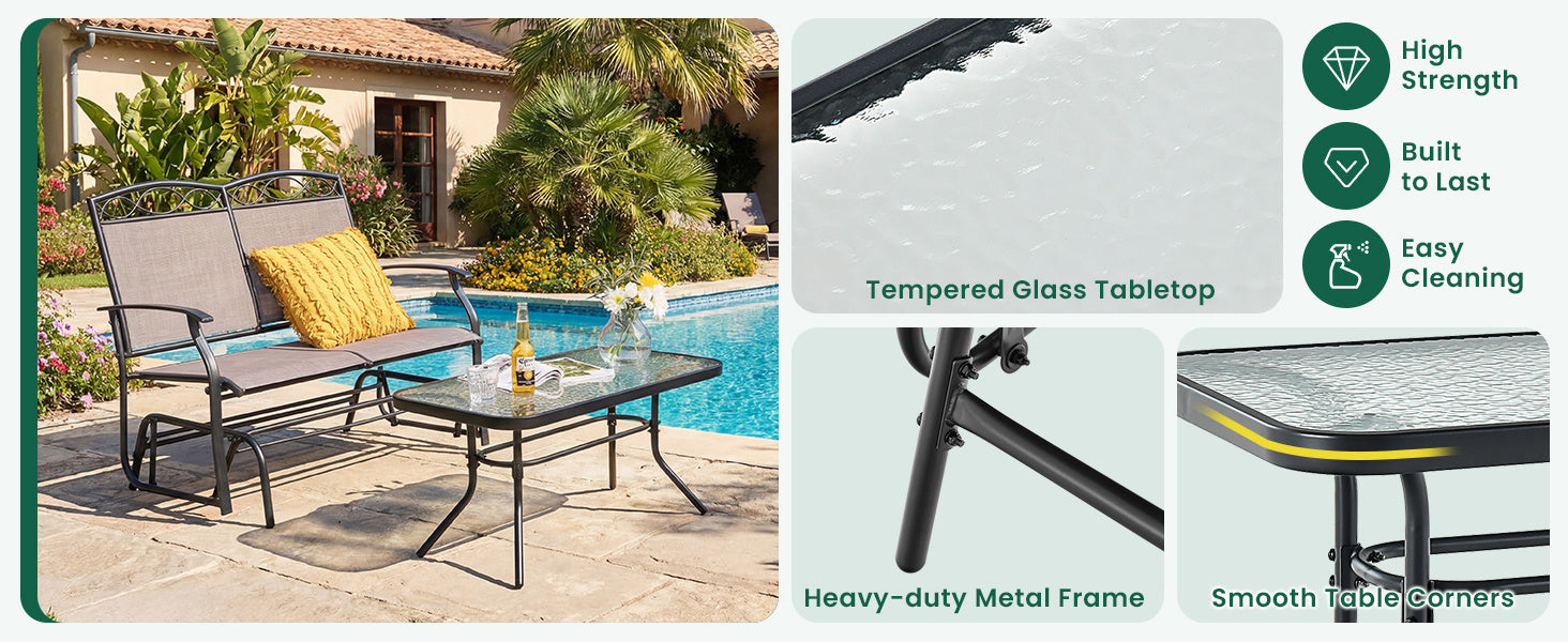 Outdoor Metal Gliding Loveseat Chair with Tempered Glass Coffee Table