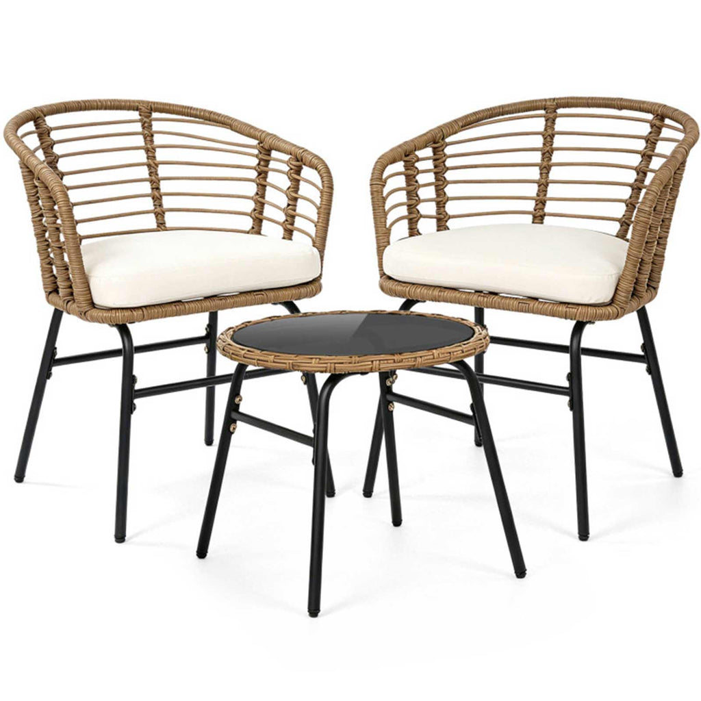 3-Piece PE Wicker Patio Bistro Set with Cushions & Glass Table