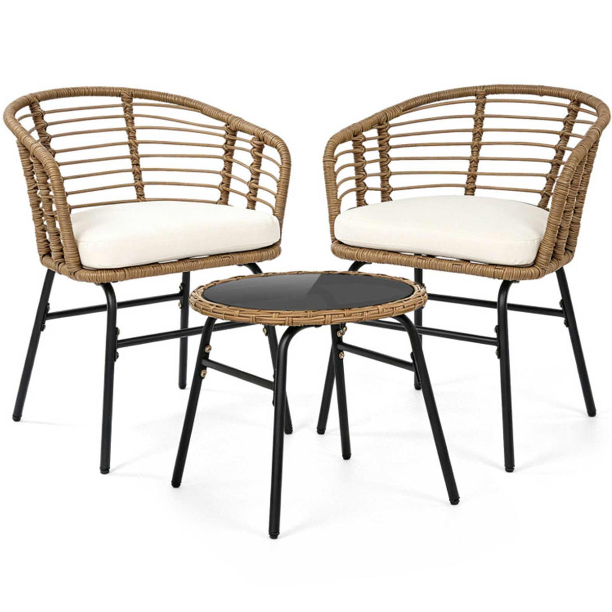 3-Piece PE Wicker Patio Bistro Set with Cushions & Glass Table