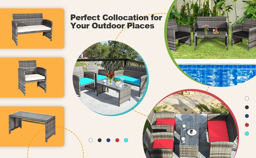 4 Pieces Patio Rattan Furniture Set with Glass Table and Loveseat