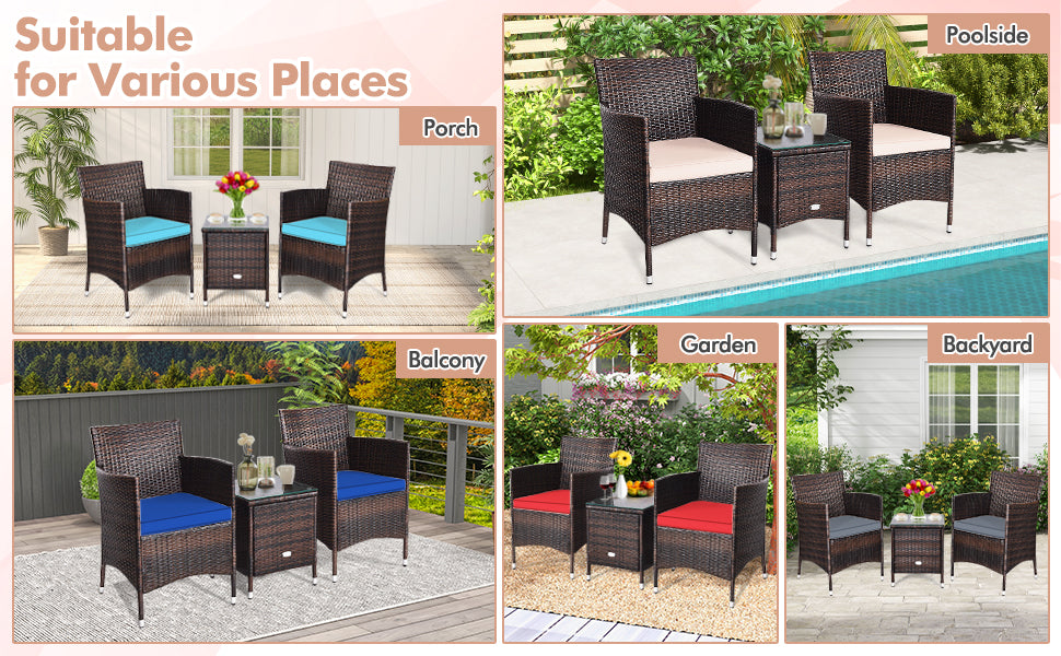 3 Pieces Ergonomic Wicker Patio Conversation Set