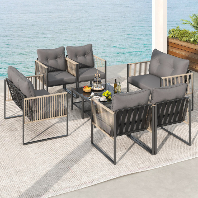 4 Pieces Outdoor PE Rattan Conversation Sofa Set with Cushions