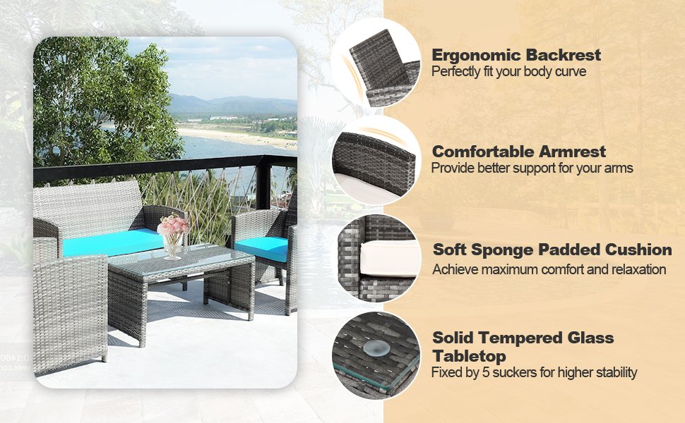 4 Pieces Patio Rattan Furniture Set with Glass Table and Loveseat
