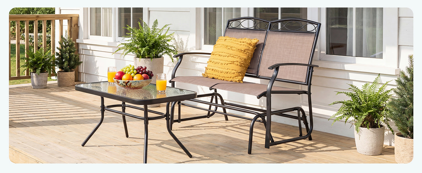 Outdoor Metal Gliding Loveseat Chair with Tempered Glass Coffee Table