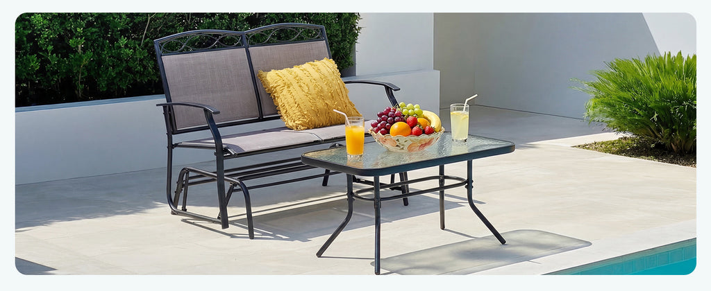Outdoor Metal Gliding Loveseat Chair with Tempered Glass Coffee Table