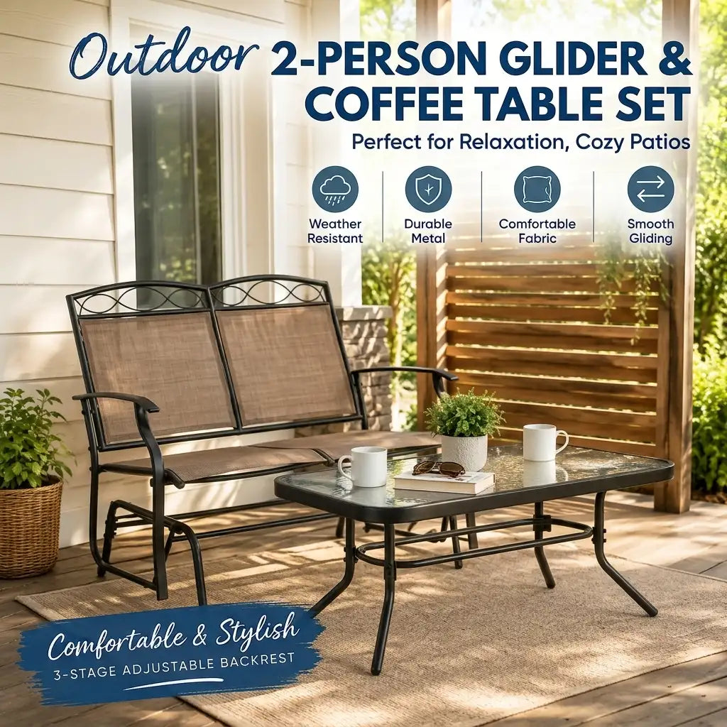 2-Piece Outdoor Glider Loveseat Set with Tempered Glass Table