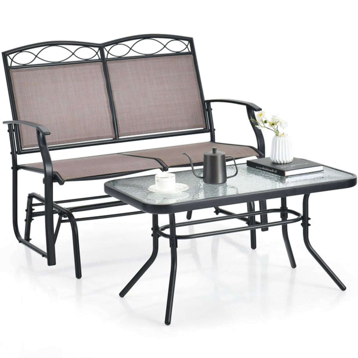 2-Piece Outdoor Glider Loveseat Set with Tempered Glass Table