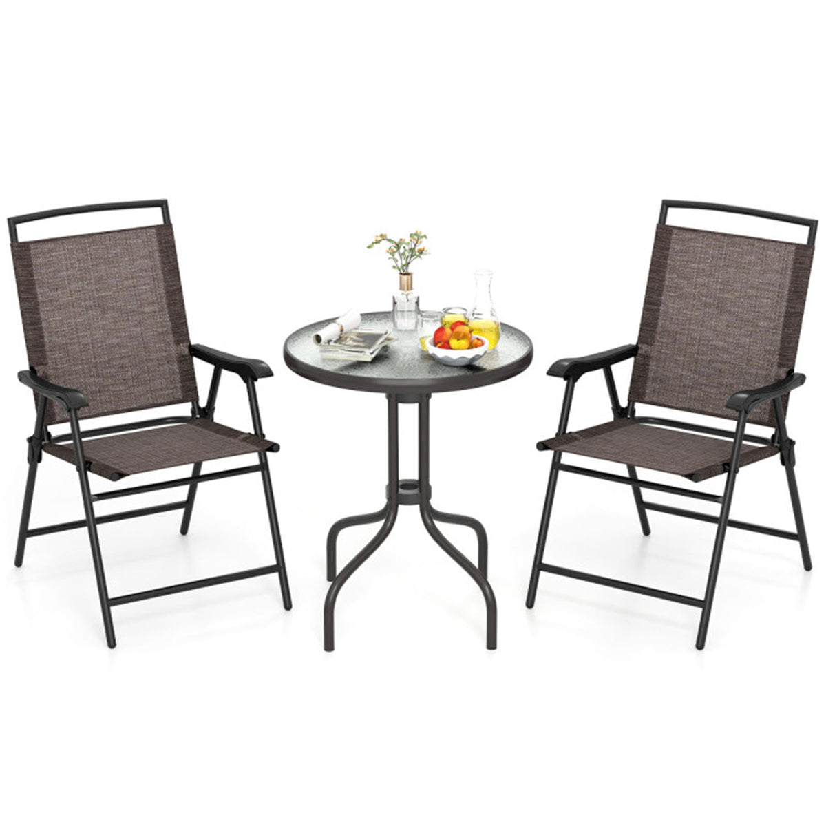 3-Piece Folding Metal Patio Bistro Set with Glass Table