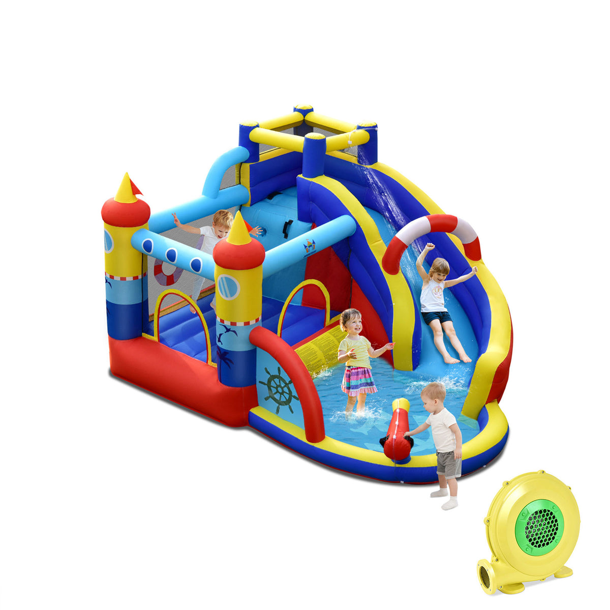 Kids Nautical Water Bounce House with Slide & Splash Pool