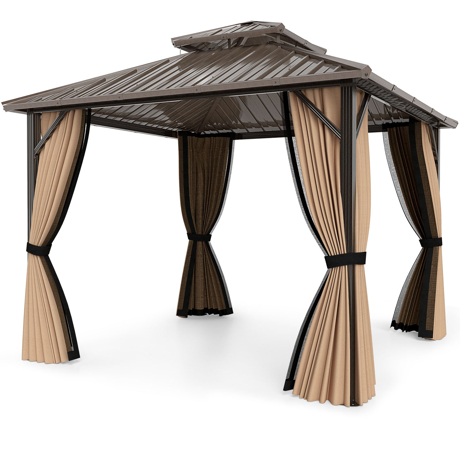 10 x 10/12 Feet Hardtop Gazebo with Netting and Curtain and Double-Roof Galvanized Metal Top