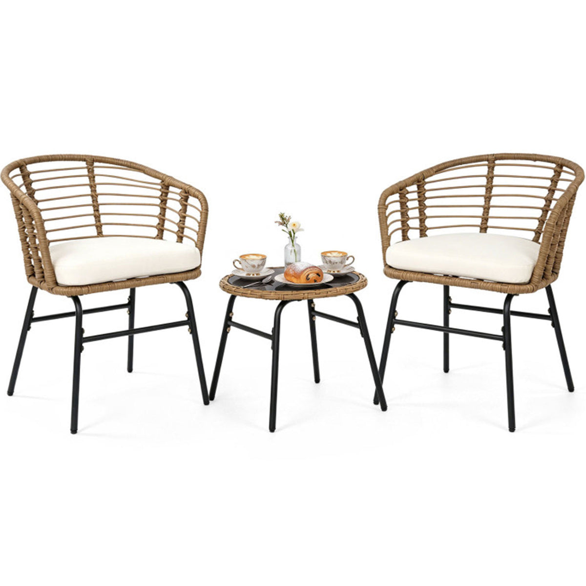 3-Piece PE Wicker Patio Bistro Set with Cushions & Glass Table