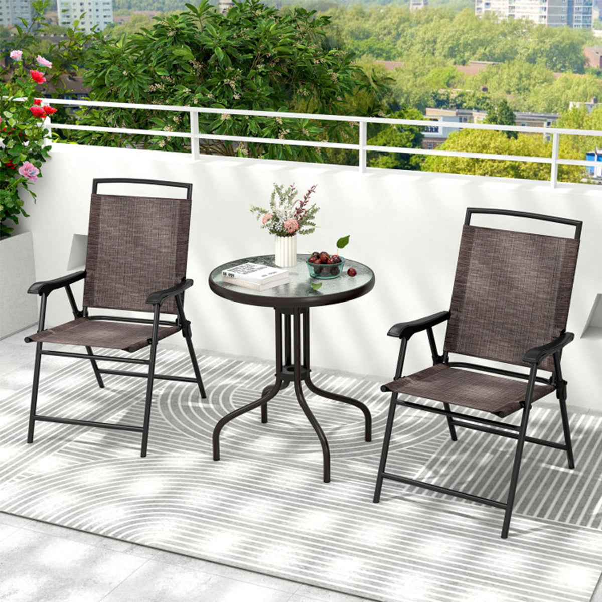 3-Piece Folding Metal Patio Bistro Set with Glass Table