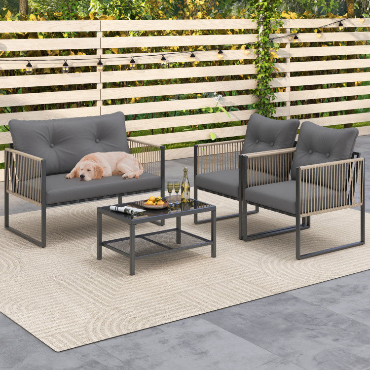 4 Pieces Outdoor PE Rattan Conversation Sofa Set with Cushions