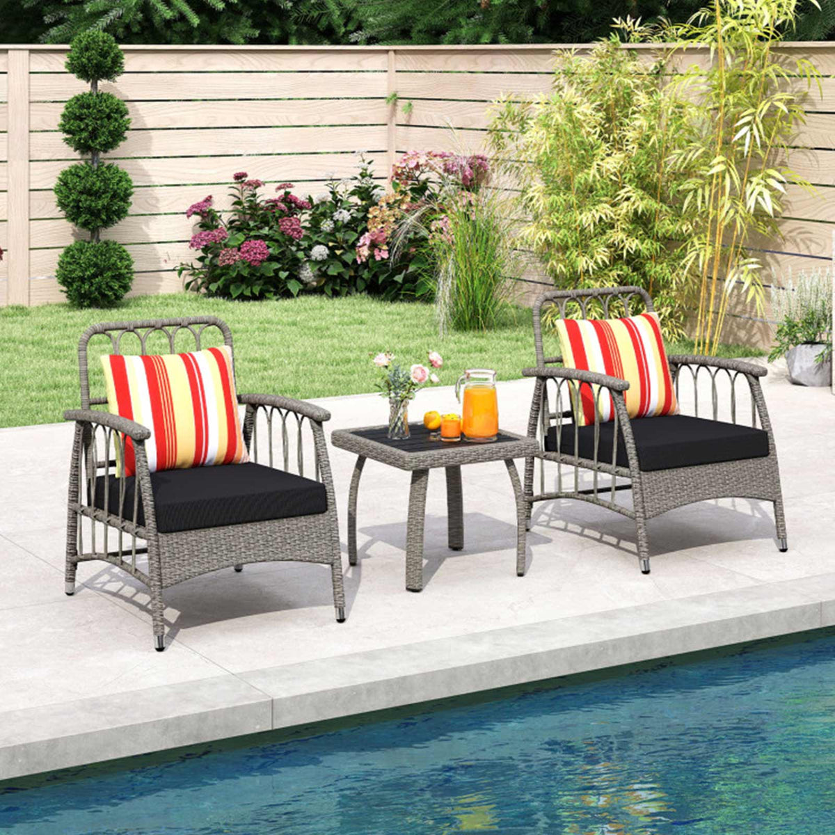 3-Piece Outdoor Wicker Bistro Set with Adjustable Reclining Chairs