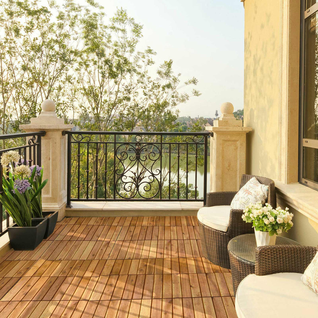 27-Piece 12×12in Acacia Wood Interlocking Deck Tiles