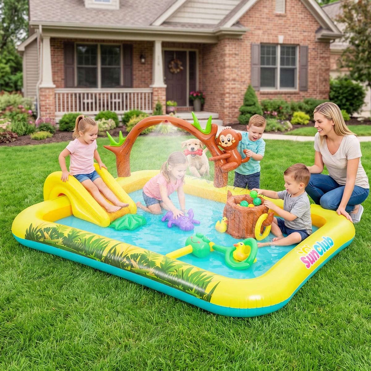 Kids Animal Inflatable Sprinkler Pool with Slide & Ball Pit