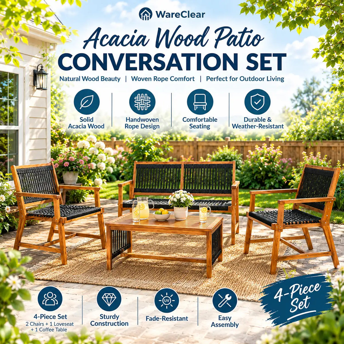4-Piece Acacia Wood Patio Conversation Set with Coffee Table