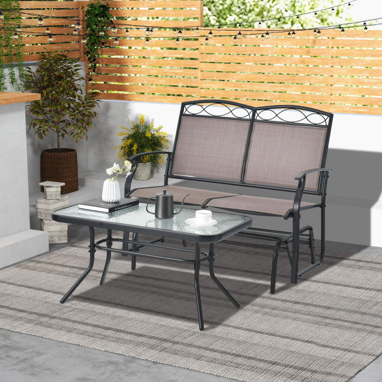 Outdoor Metal Gliding Loveseat Chair with Tempered Glass Coffee Table