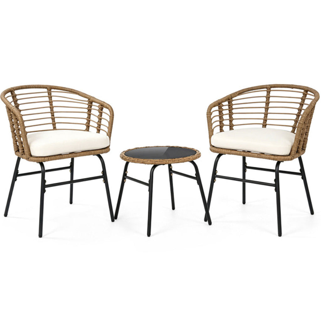 3-Piece PE Wicker Patio Bistro Set with Cushions & Glass Table