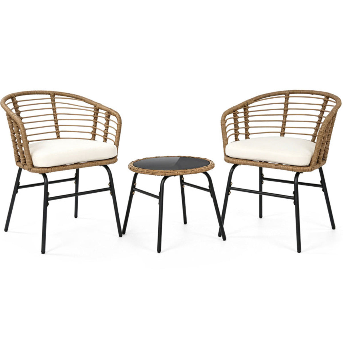3-Piece PE Wicker Patio Bistro Set with Cushions & Glass Table