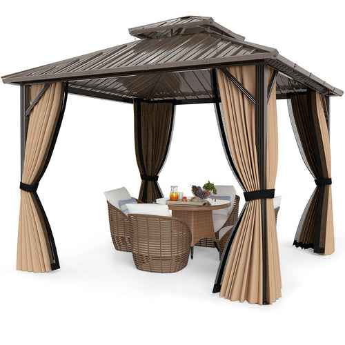 10x10/9.8ft Hardtop Gazebo with Double Roof, Curtains & Netting