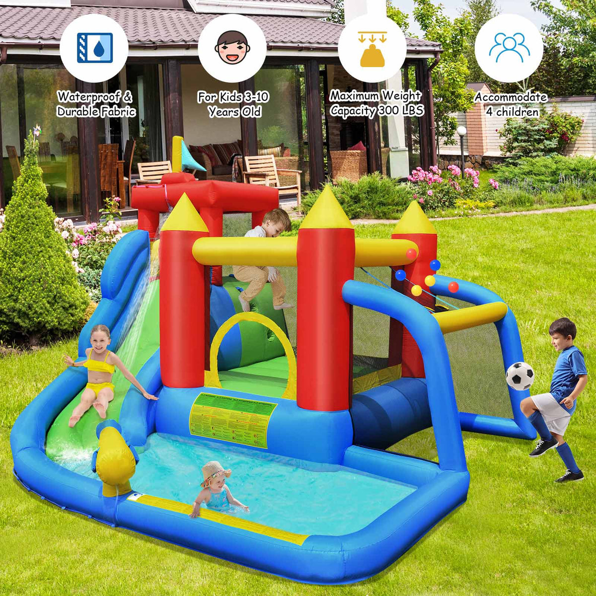 Kids Inflatable Water Bounce House with Slide & Splash Pool