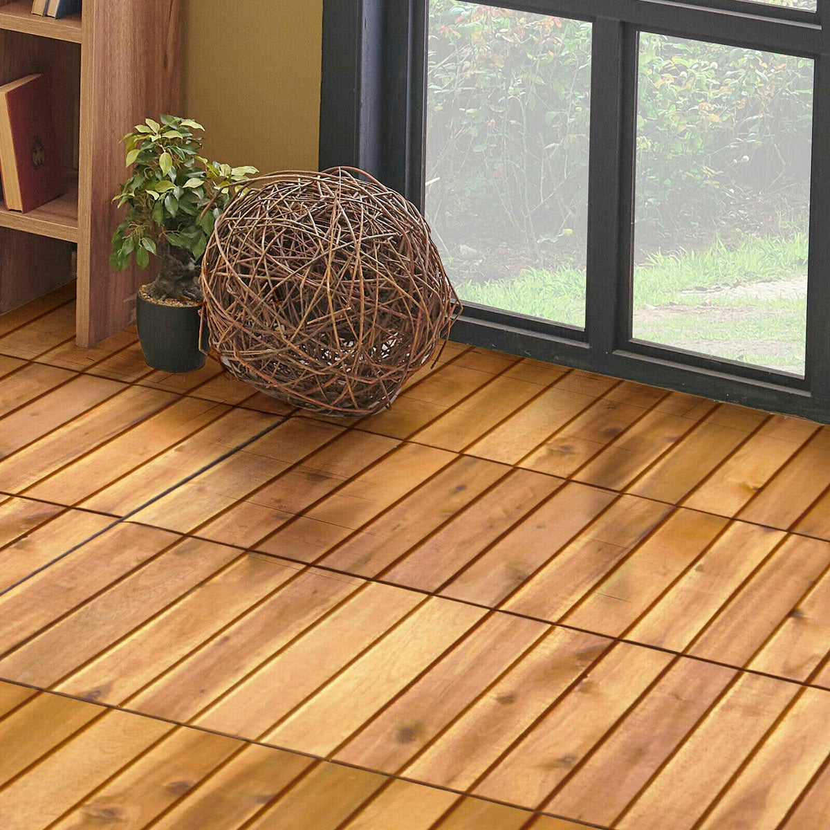 27-Piece 12×12in Acacia Wood Interlocking Deck Tiles