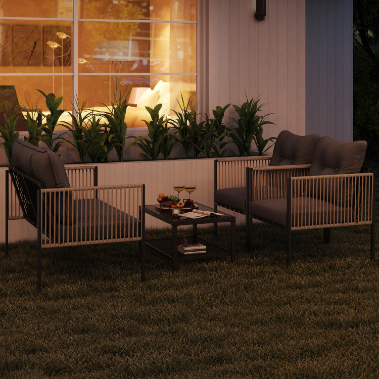 4 Pieces Outdoor PE Rattan Conversation Sofa Set with Cushions