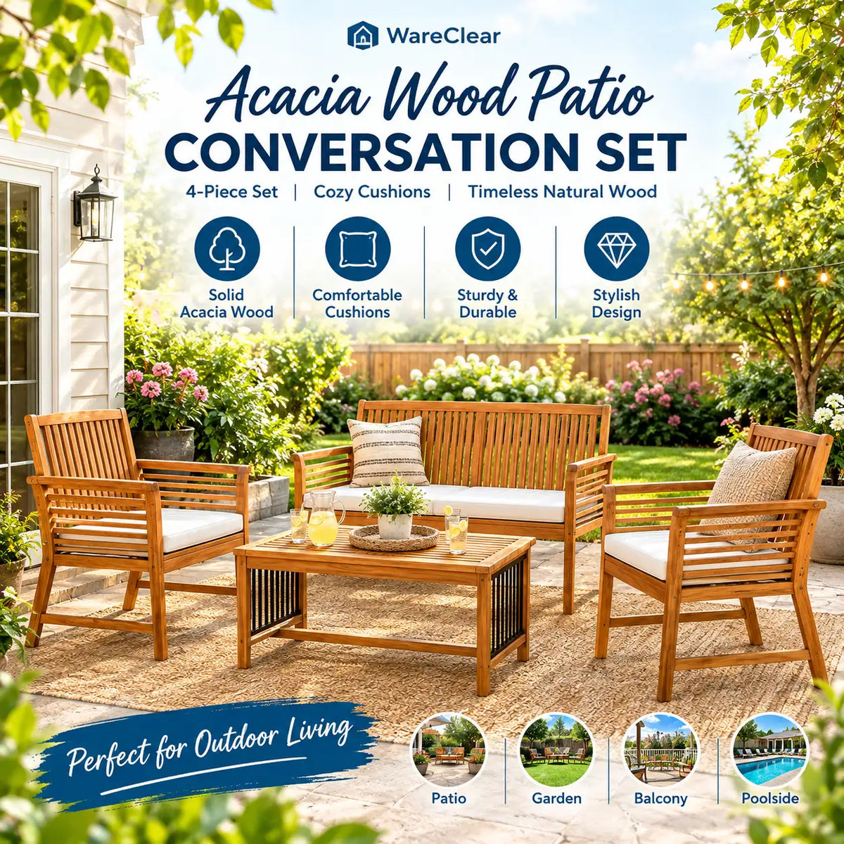 4-Piece Acacia Wood Patio Conversation Set with Coffee Table