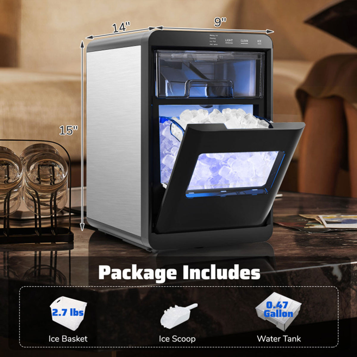 44 lbs/Day Countertop Nugget Ice Maker Soft Chewable Pellet Ice