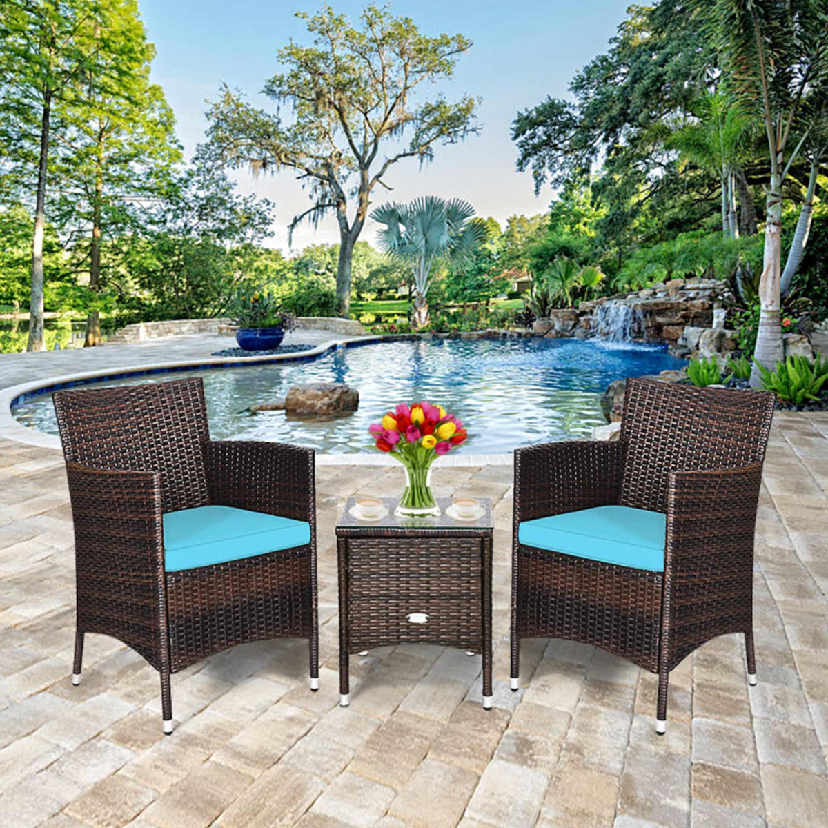 3-Piece Outdoor Wicker Patio Furniture Set with Cushions
