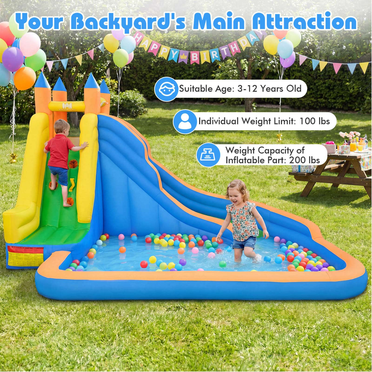 Kids Inflatable Water Slide with Climbing Wall & Splash Pool