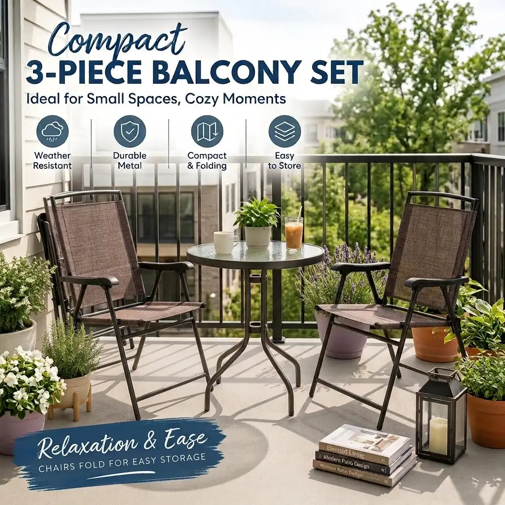 3-Piece Folding Metal Patio Bistro Set with Glass Table