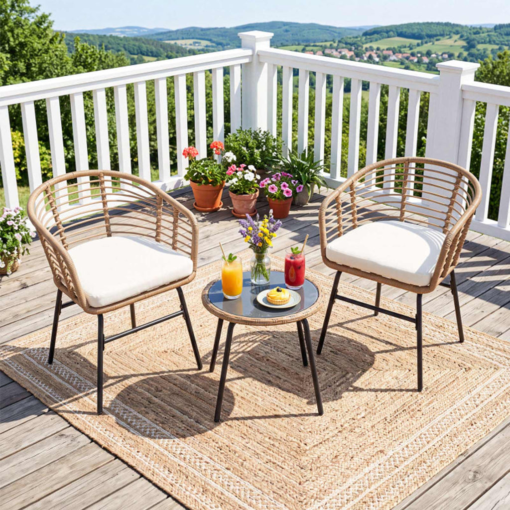 3-Piece PE Wicker Patio Bistro Set with Cushions & Glass Table