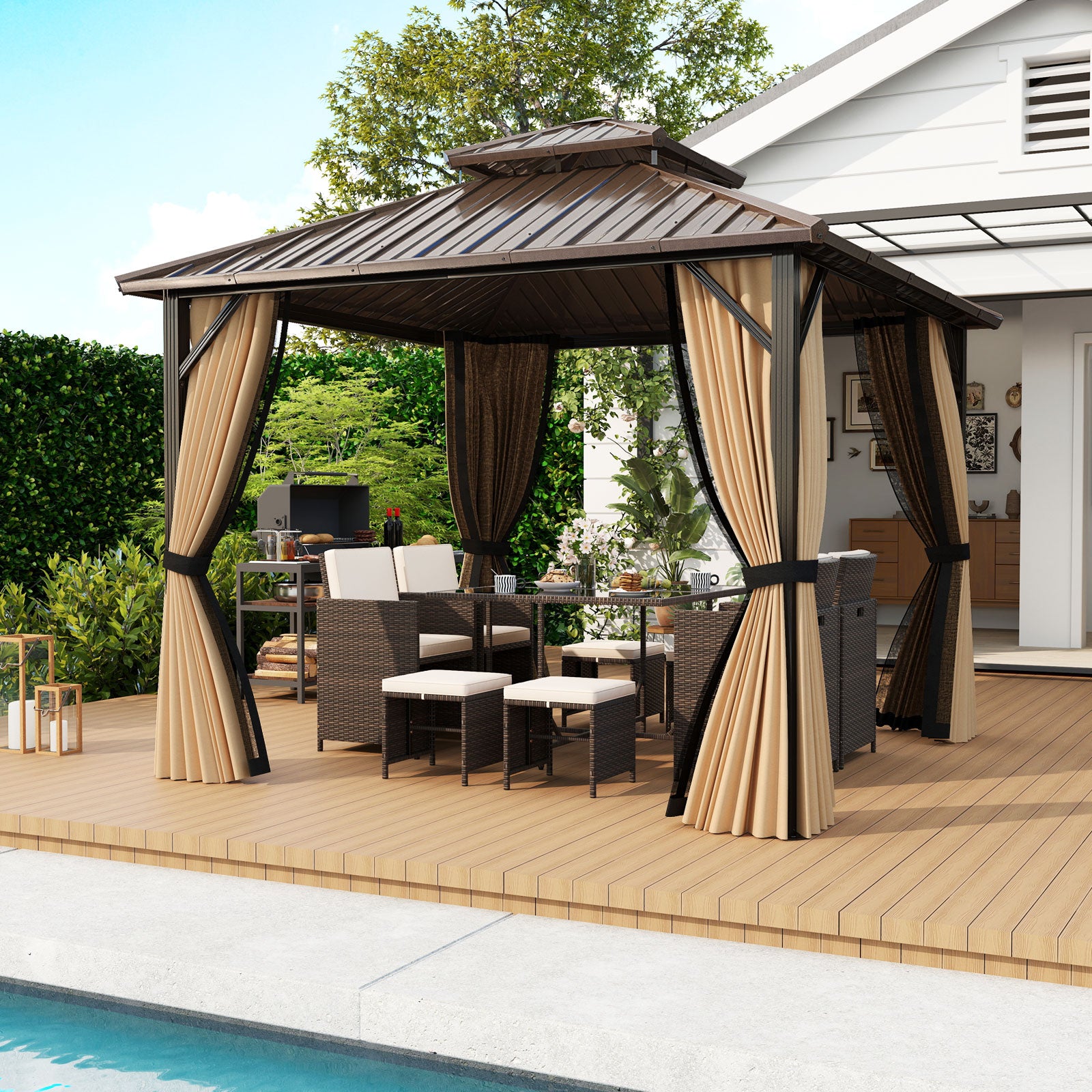 10 x 10/12 Feet Hardtop Gazebo with Netting and Curtain and Double-Roof Galvanized Metal Top