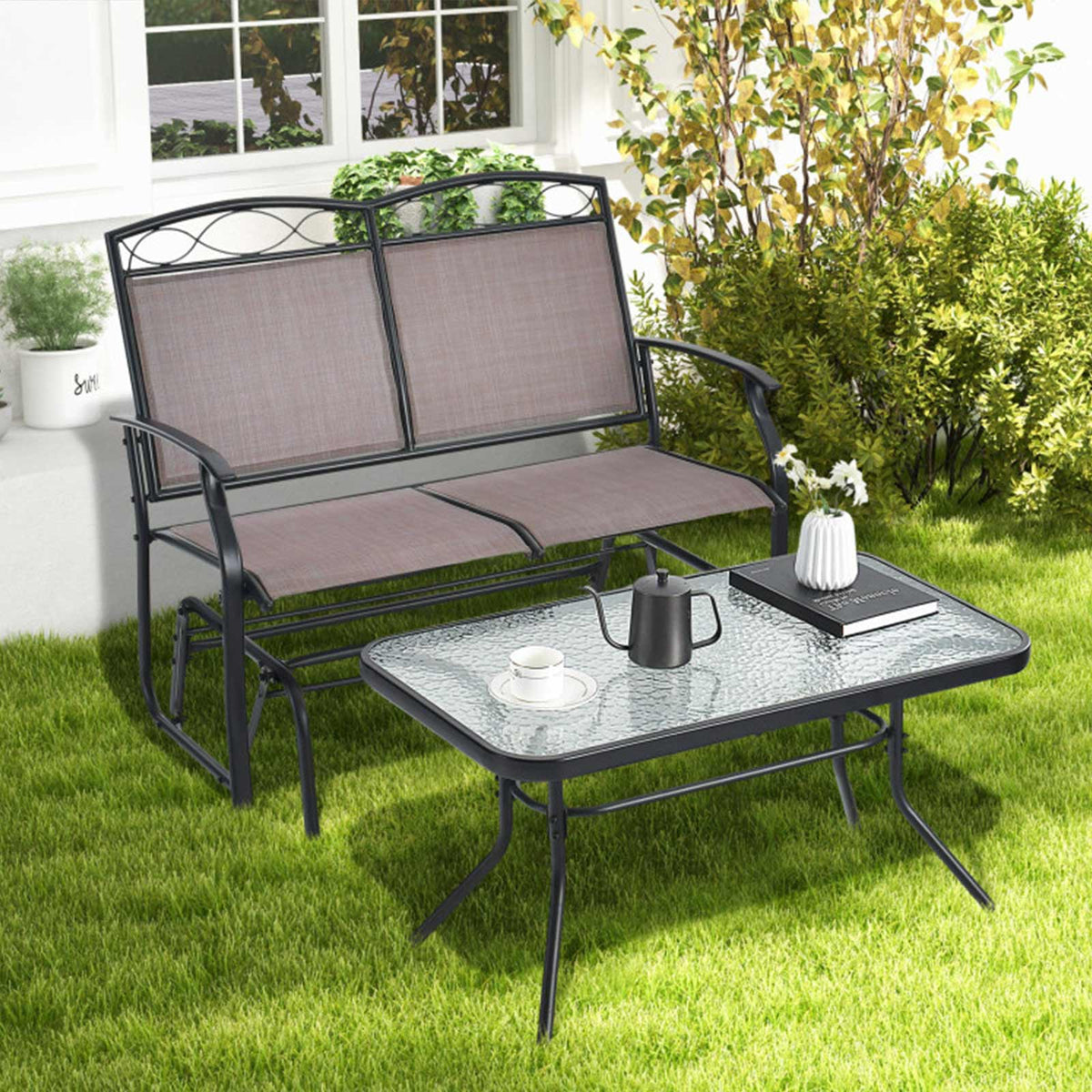 2-Piece Outdoor Glider Loveseat Set with Tempered Glass Table