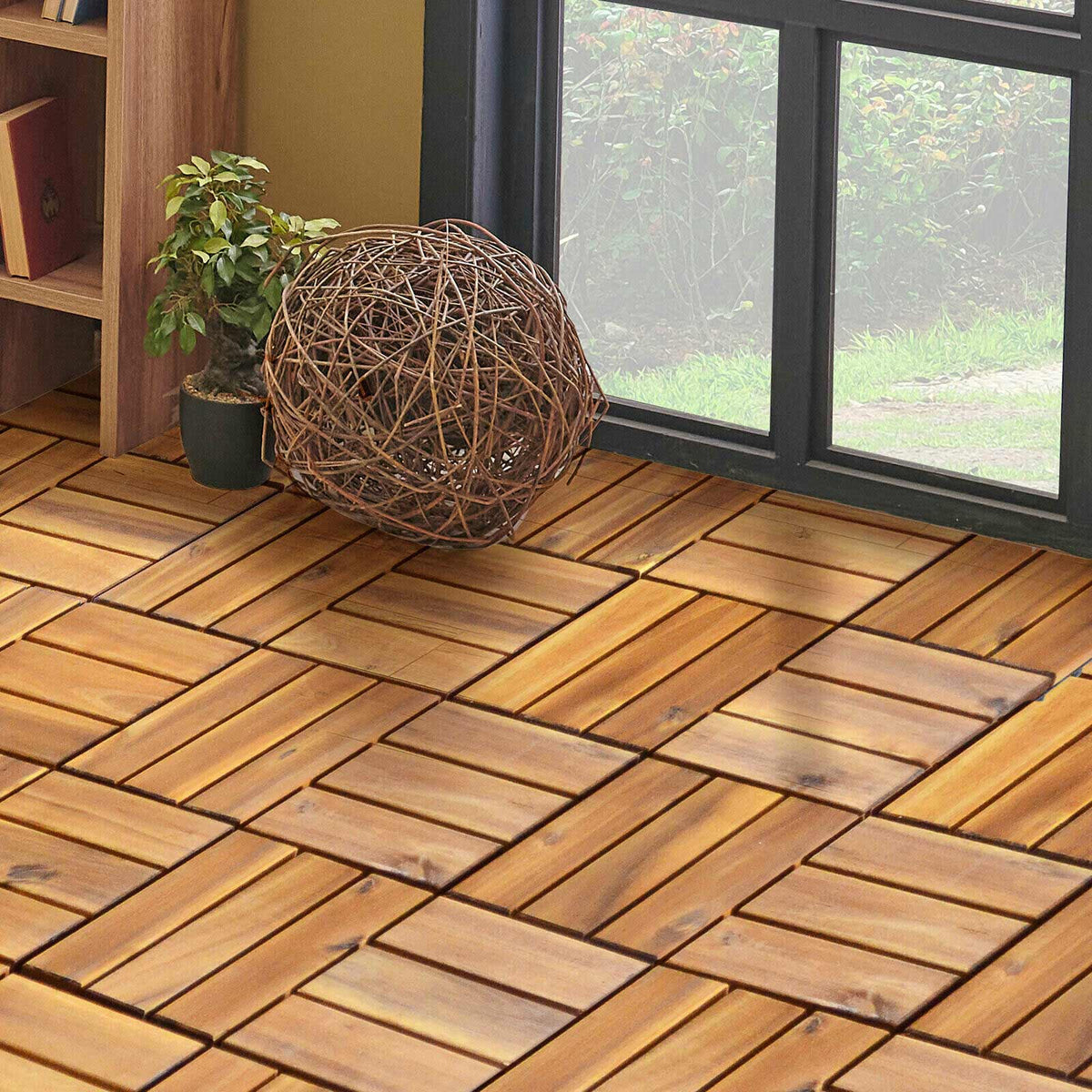 27-Piece 12×12in Acacia Wood Interlocking Deck Tiles