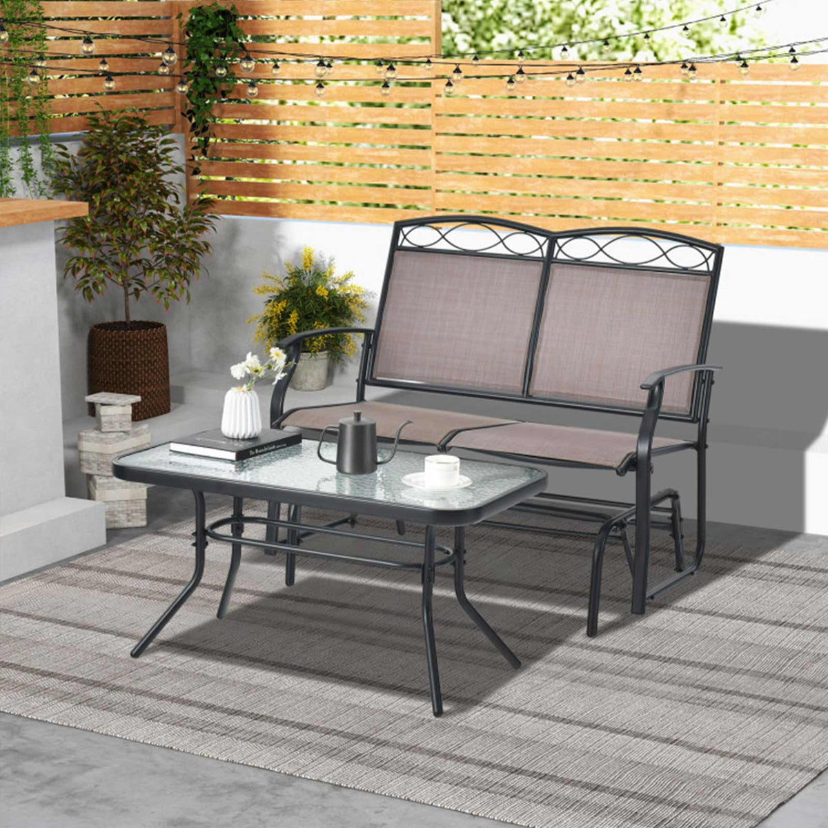 2-Piece Outdoor Glider Loveseat Set with Tempered Glass Table