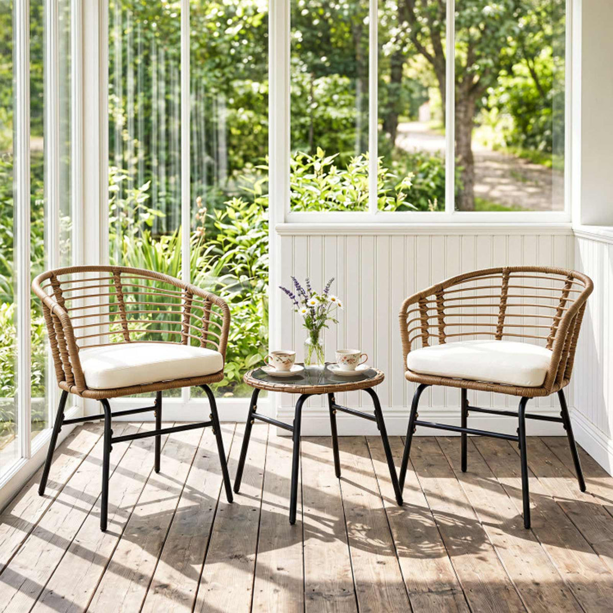 3-Piece PE Wicker Patio Bistro Set with Cushions & Glass Table
