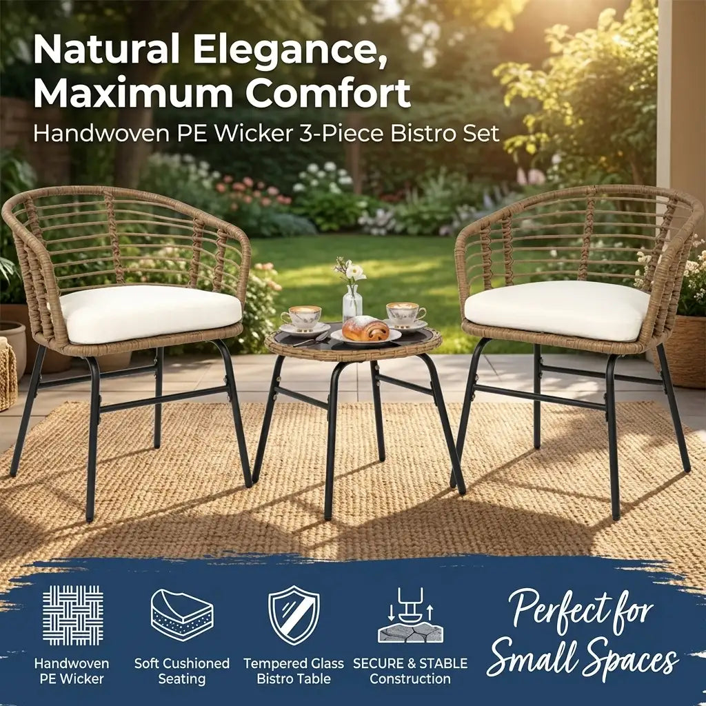 3-Piece PE Wicker Patio Bistro Set with Cushions & Glass Table