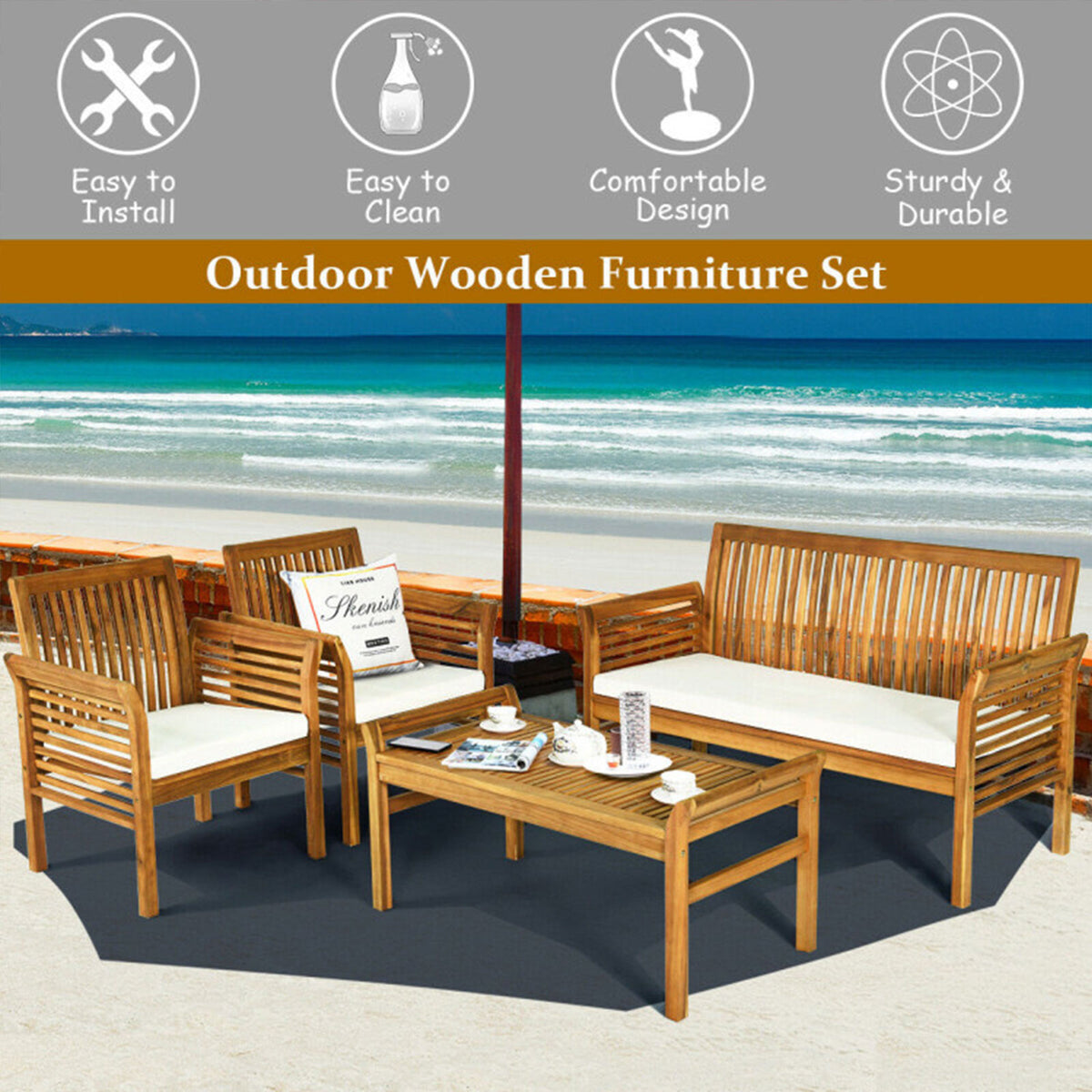 4-Piece Acacia Wood Patio Conversation Set with Coffee Table